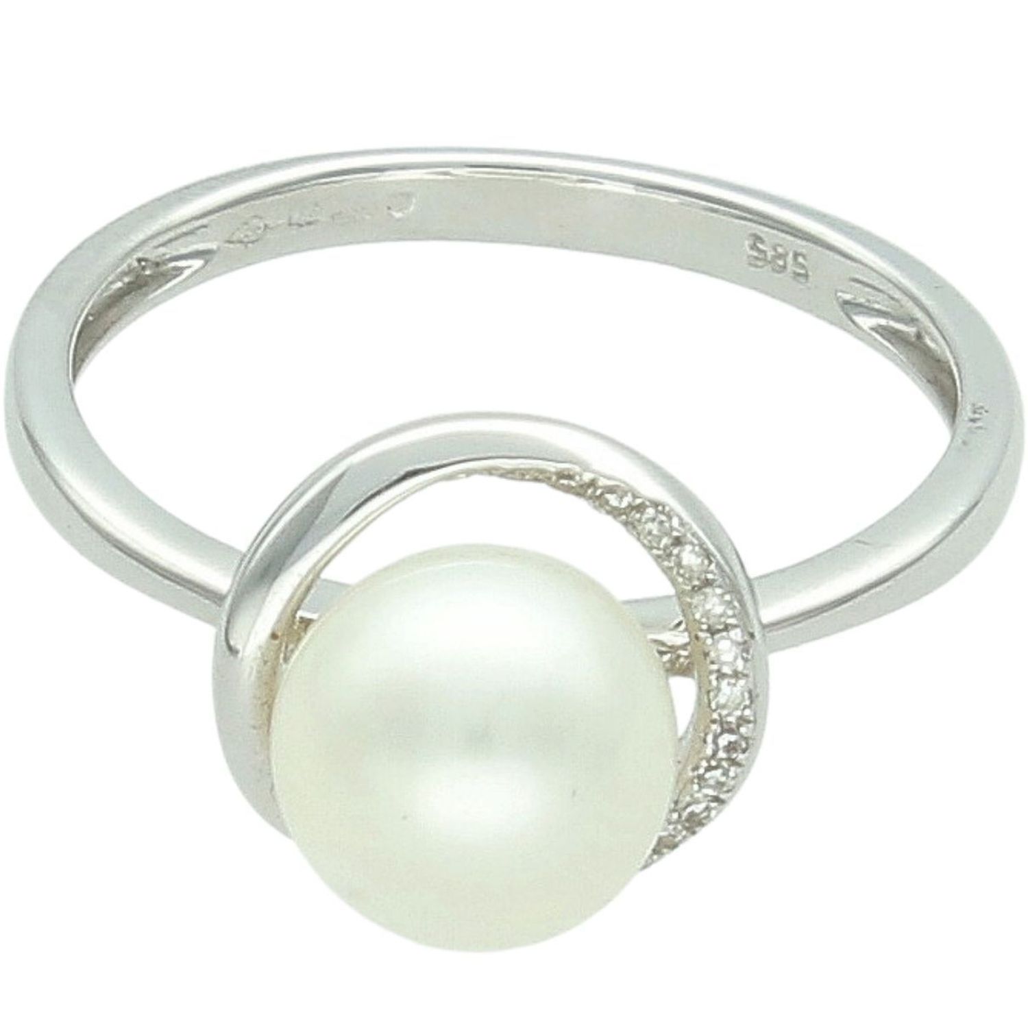 Pierścionek z białego złota 585 z perłą i diamentami – subtelna elegancja 585.jpg